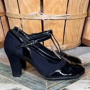 Aerosoles Fruit Roll Faux Black Suede Patent Leather T-Strap Pumps Womens 7.5
